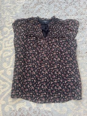 HAVER London Floral Ruffle Blouse Romantic Cottagecore Sheer Top Black Medium